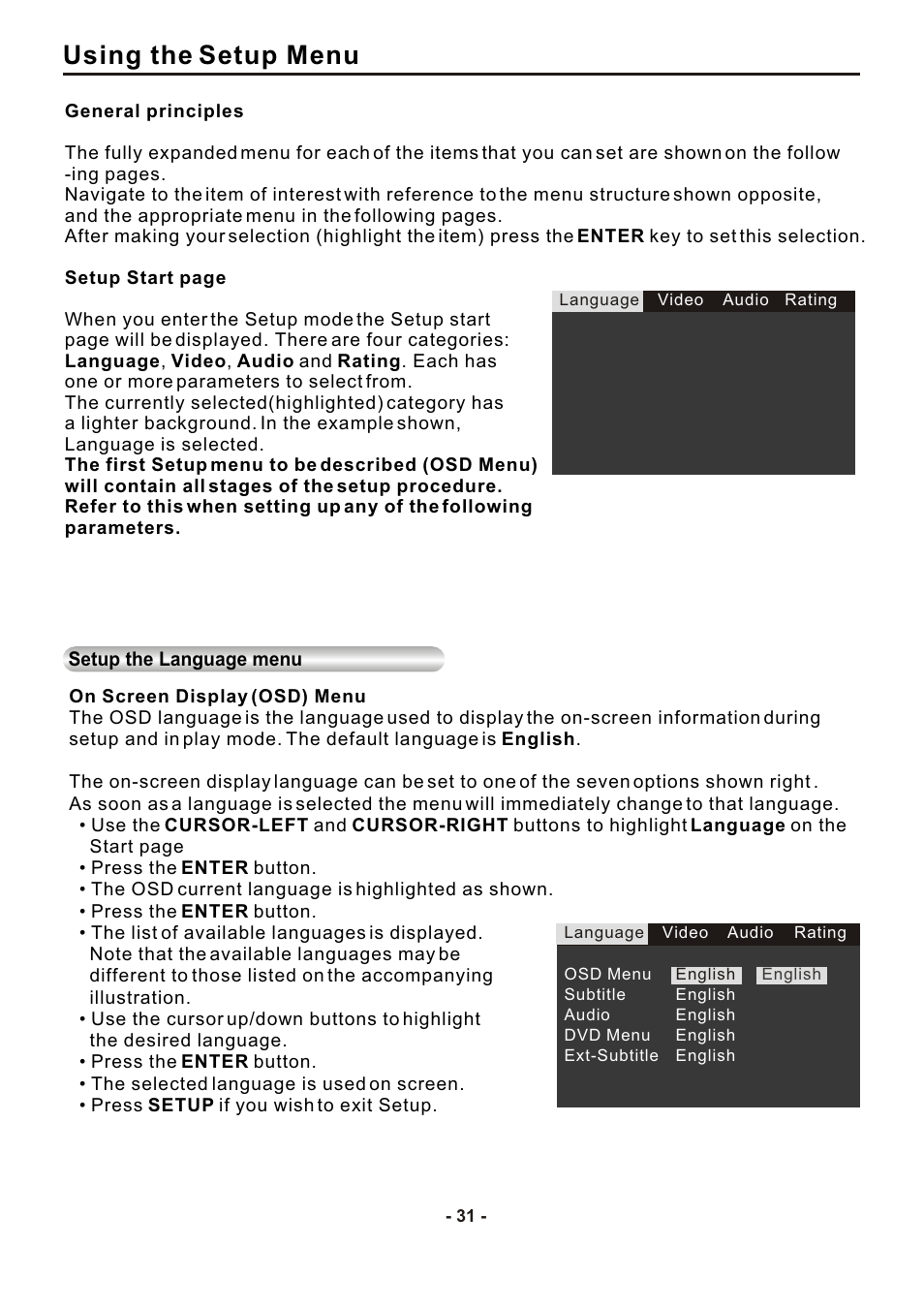 Using the setup menu | SONIQ DVP1000 User Manual | Page 32 / 41