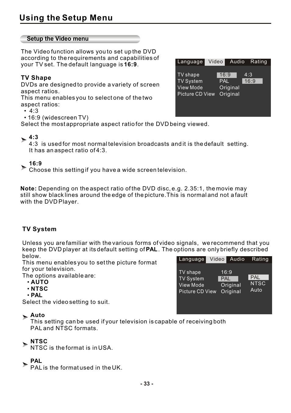 Using the setup menu | SONIQ DVP1000 User Manual | Page 34 / 41