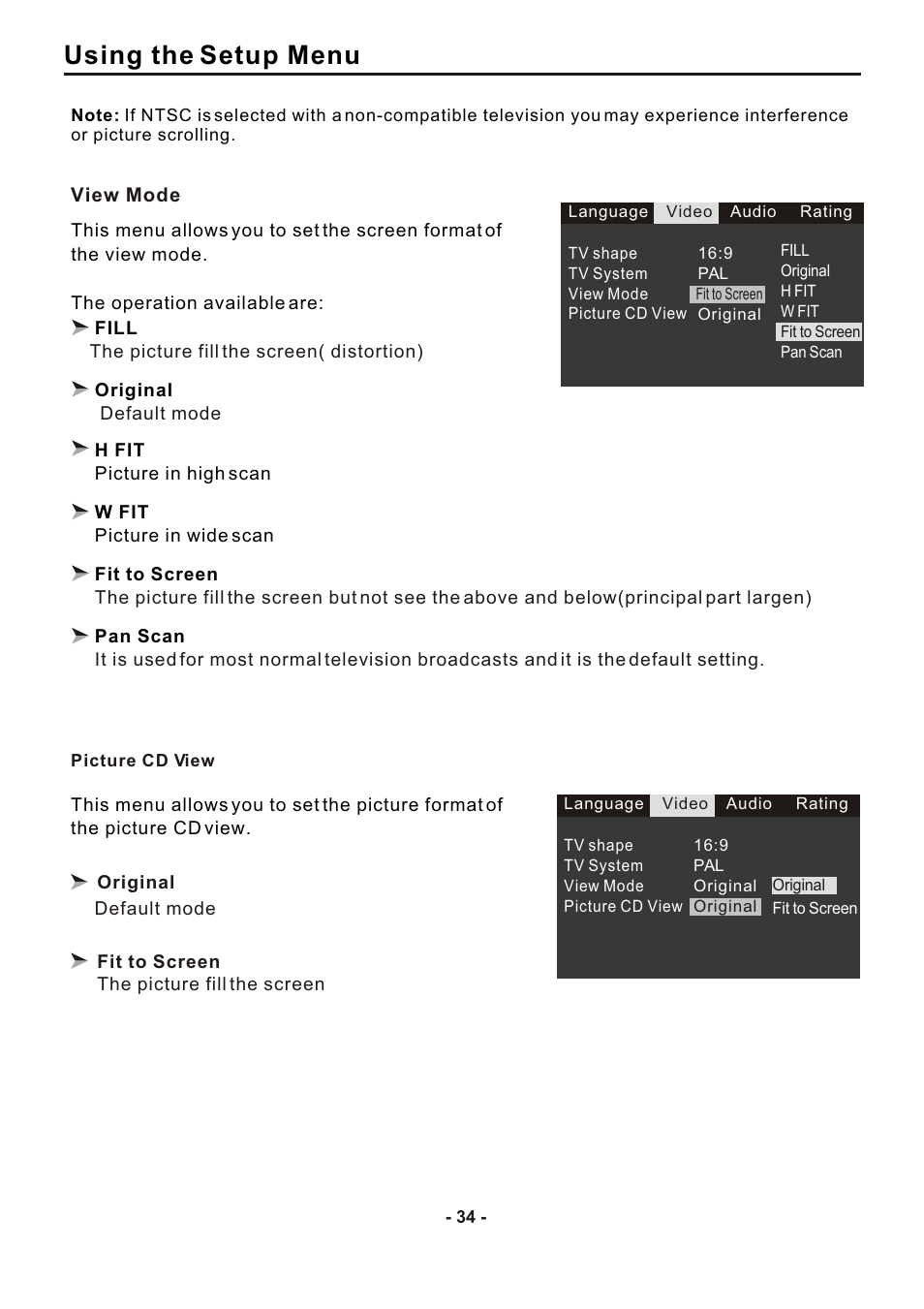 Using the setup menu | SONIQ DVP1000 User Manual | Page 35 / 41