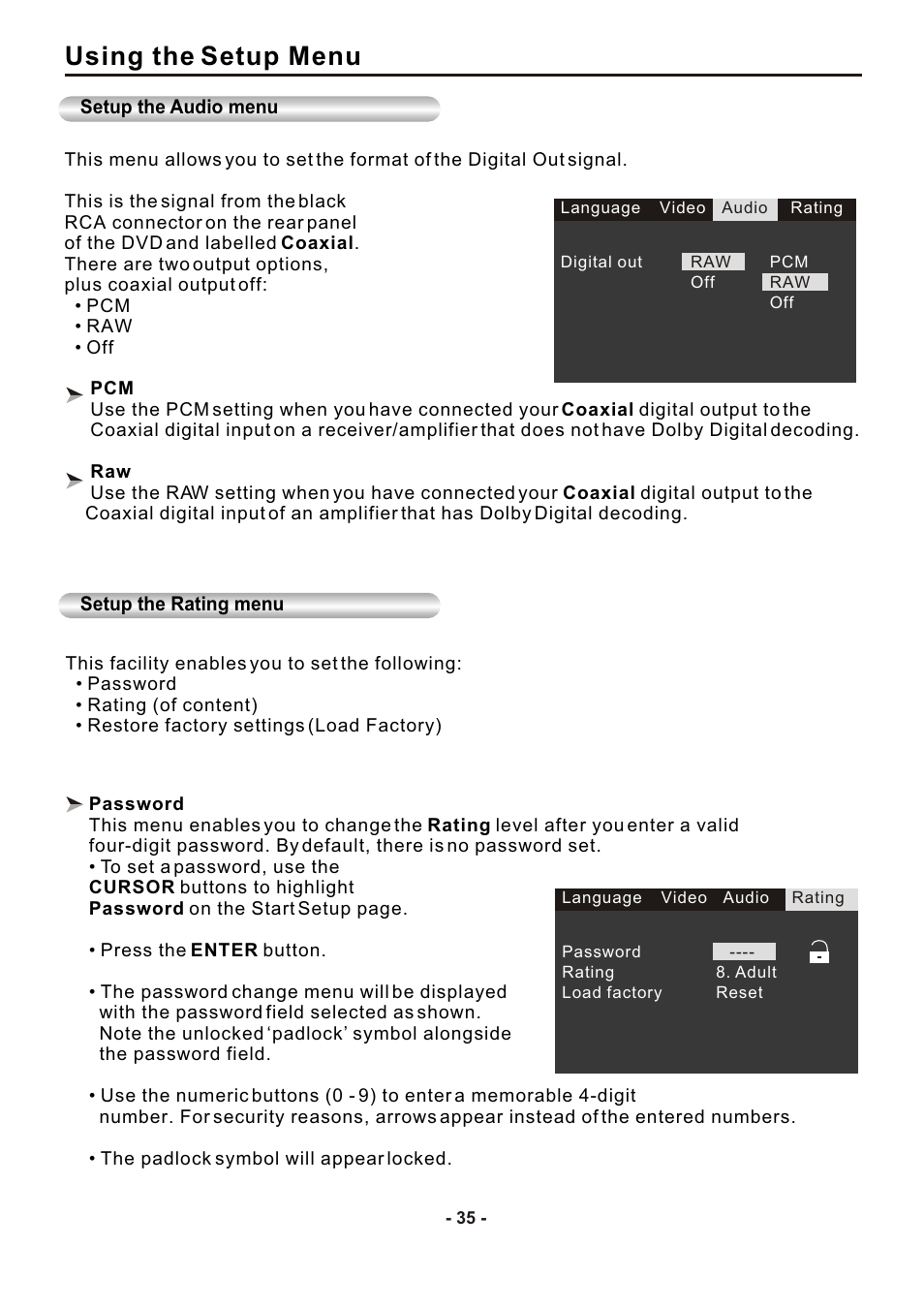 Using the setup menu | SONIQ DVP1000 User Manual | Page 36 / 41