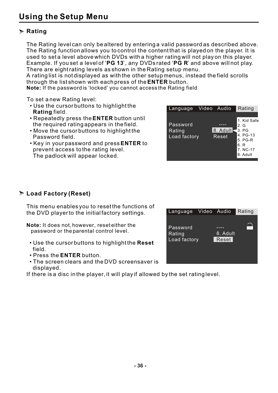 Using the setup menu | SONIQ DVP1000 User Manual | Page 37 / 41