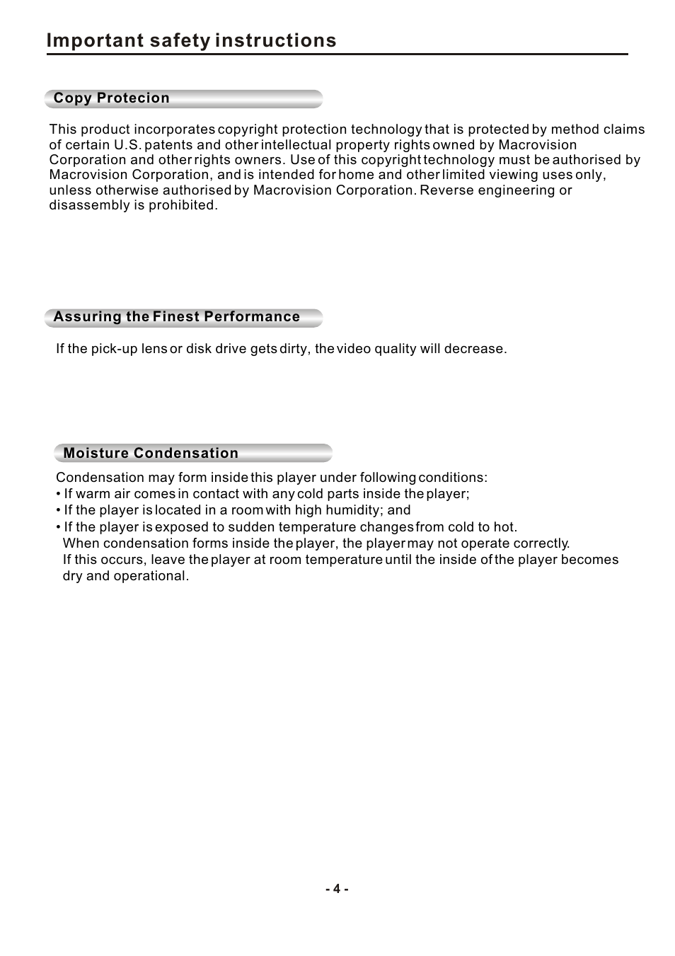 Important safety instructions | SONIQ DVP1000 User Manual | Page 5 / 41