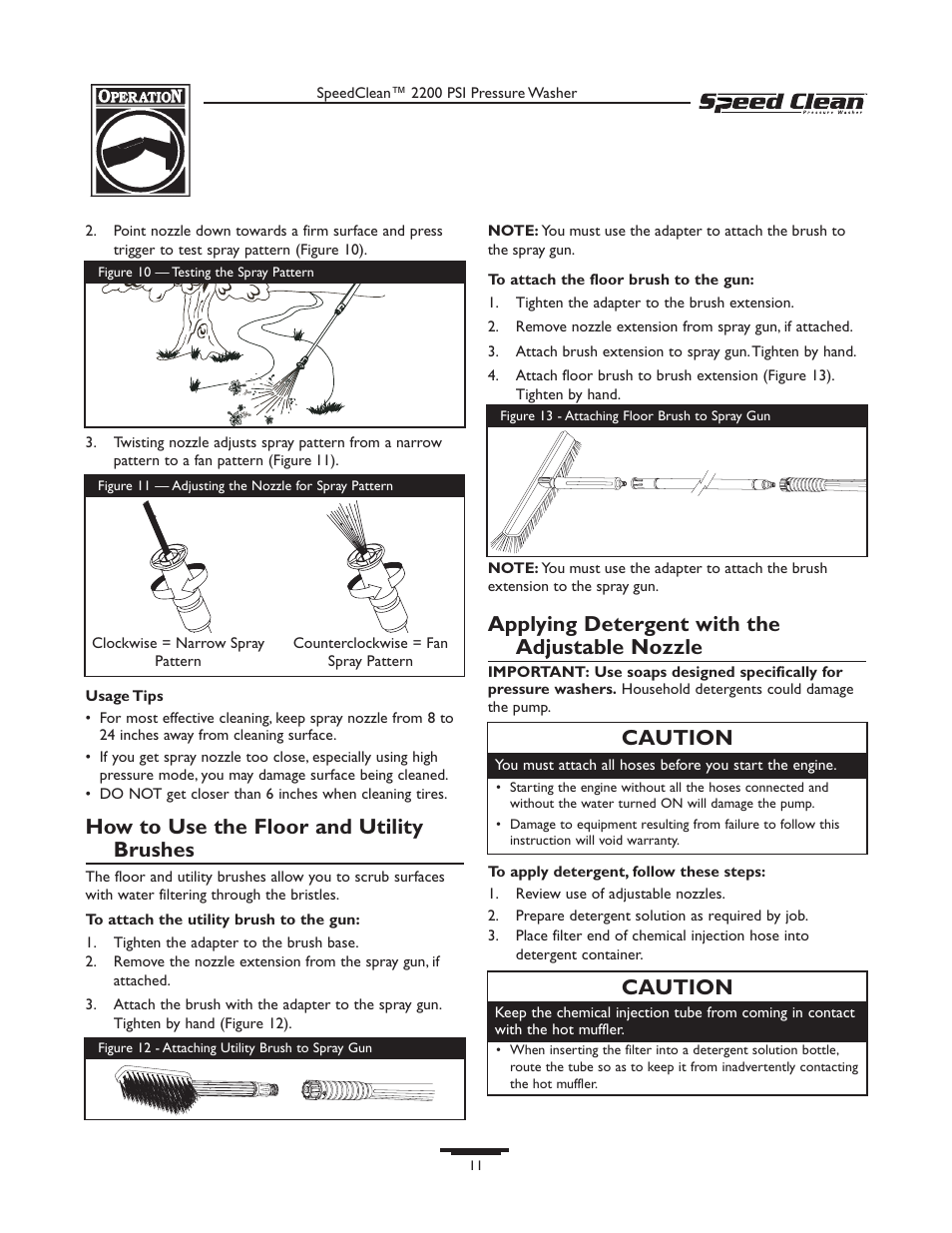 How to use the floor and utility brushes, Applying detergent with the adjustable nozzle, Caution | Briggs & Stratton 020239-0 User Manual | Page 11 / 32