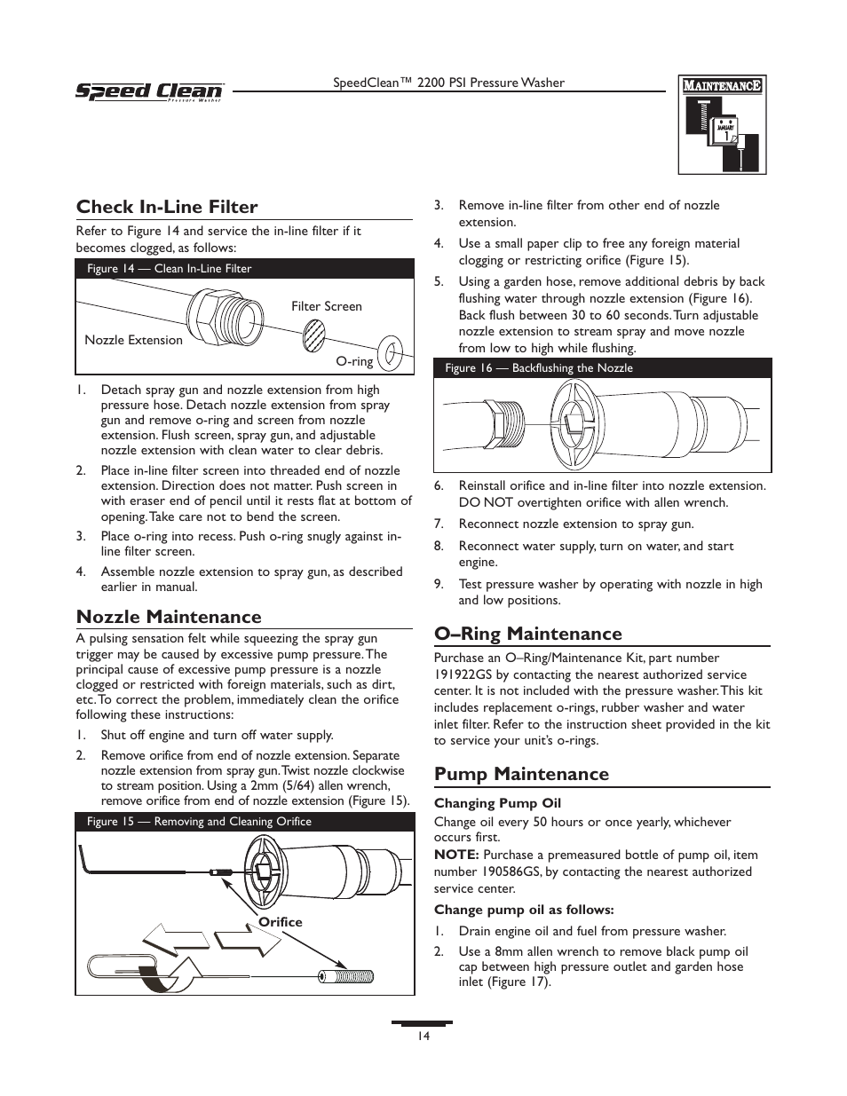 Check in-line filter, Nozzle maintenance, O–ring maintenance | Pump maintenance | Briggs & Stratton 020239-0 User Manual | Page 14 / 32
