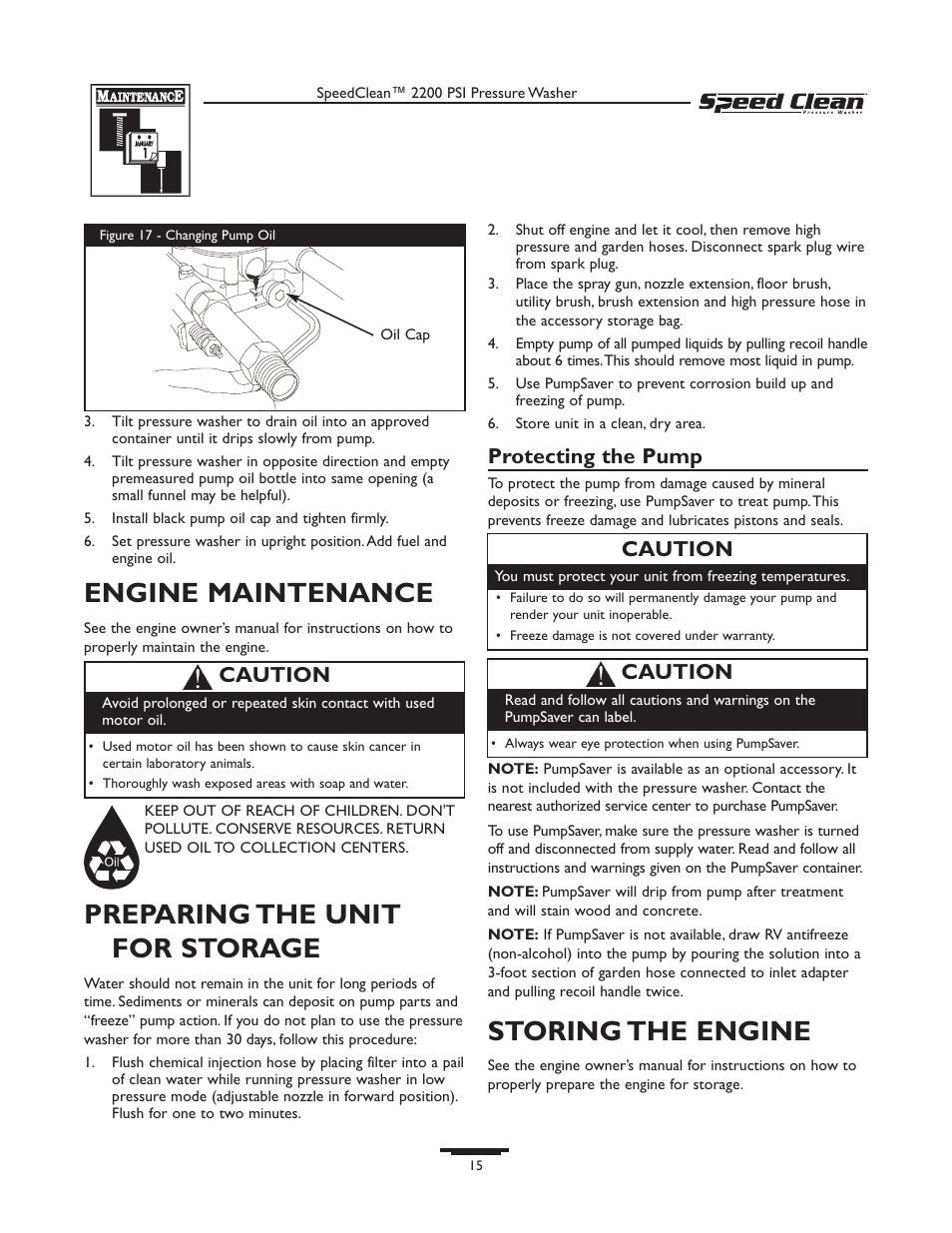 Engine maintenance, Preparing the unit for storage, Storing the engine | Protecting the pump, Caution | Briggs & Stratton 020239-0 User Manual | Page 15 / 32