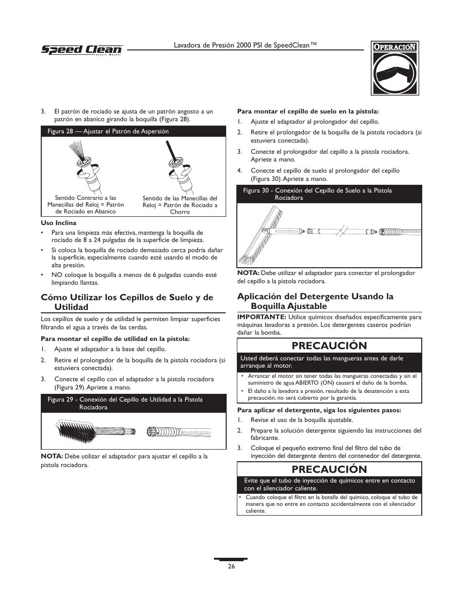 Precaución, Cómo utilizar los cepillos de suelo y de utilidad | Briggs & Stratton 020239-0 User Manual | Page 26 / 32