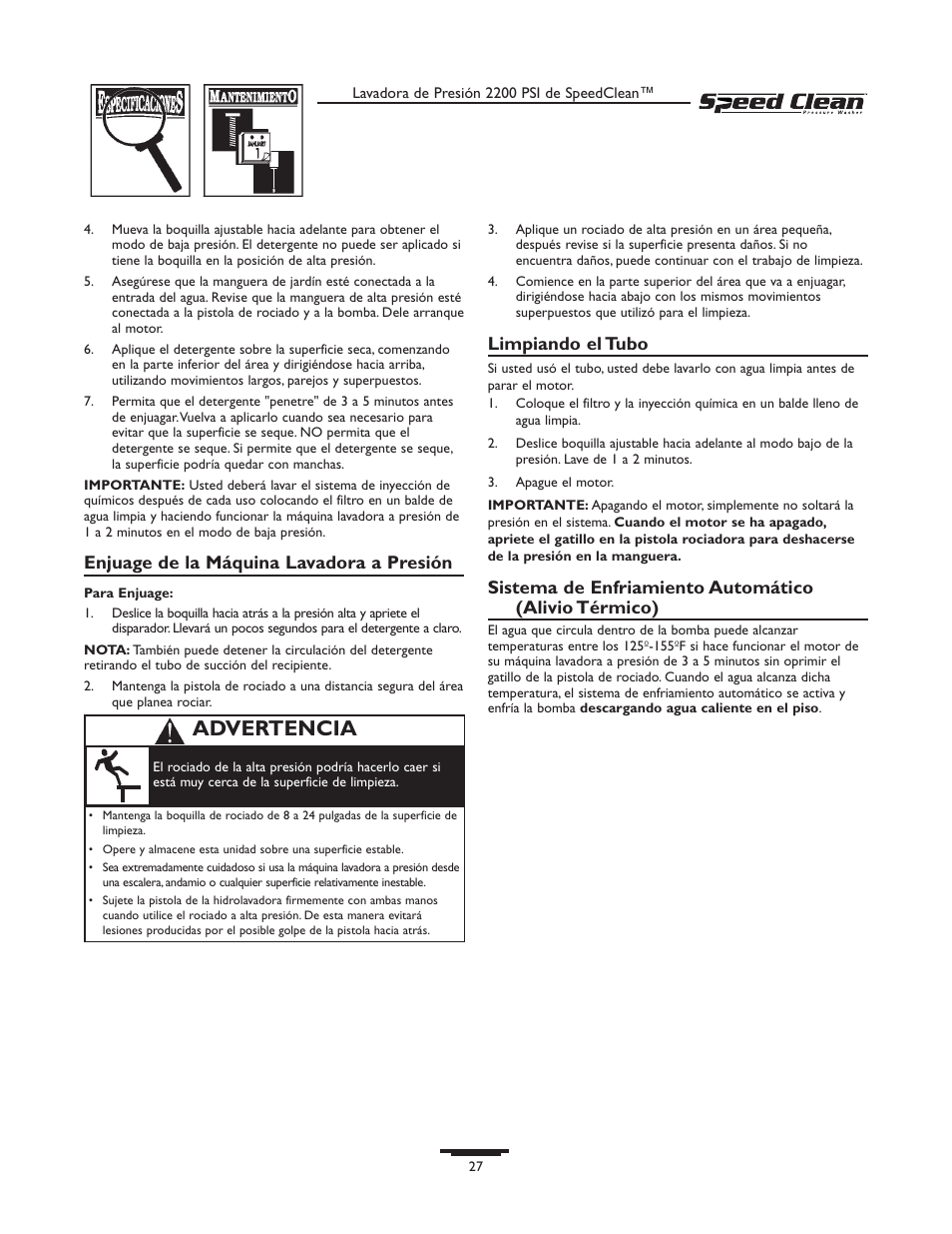Advertencia, Enjuage de la máquina lavadora a presión, Limpiando el tubo | Briggs & Stratton 020239-0 User Manual | Page 27 / 32