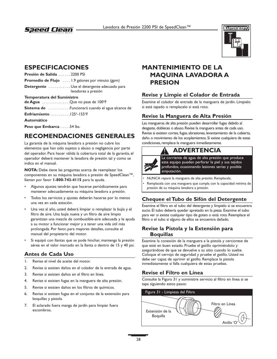 Especificaciones, Recomendaciones generales, Mantenimiento de la maquina lavadora a presion | Advertencia | Briggs & Stratton 020239-0 User Manual | Page 28 / 32