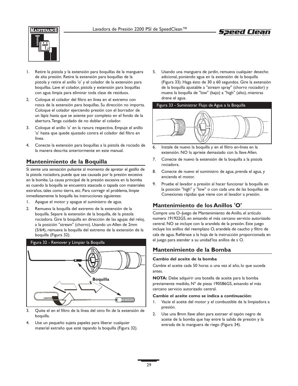 Mantenimiento de la boquilla, Mantenimiento de los anillos 'o, Mantenimiento de la bomba | Briggs & Stratton 020239-0 User Manual | Page 29 / 32