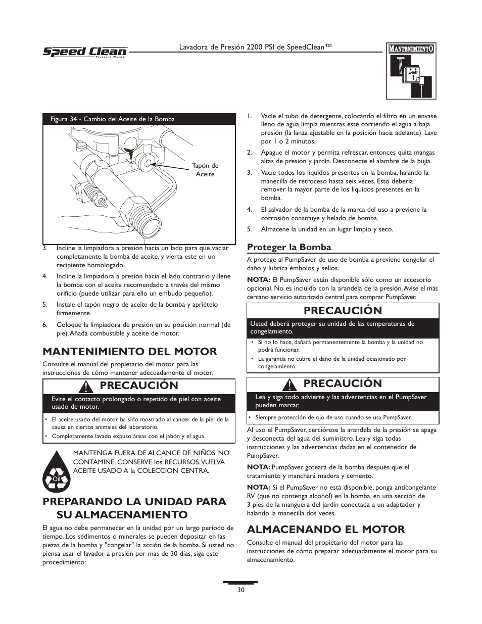 Mantenimiento del motor, Preparando la unidad para su almacenamiento, Almacenando el motor | Precaución | Briggs & Stratton 020239-0 User Manual | Page 30 / 32