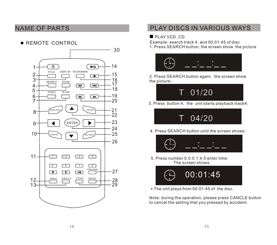 T 01/20, Play discs in various ways, Name of parts | SONIQ DVP720 User Manual | Page 11 / 23