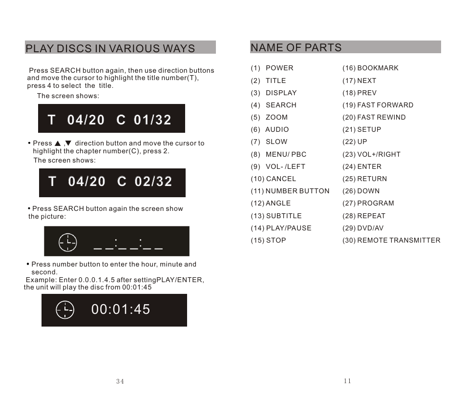Name of parts, Play discs in various ways | SONIQ DVP720 User Manual | Page 12 / 23