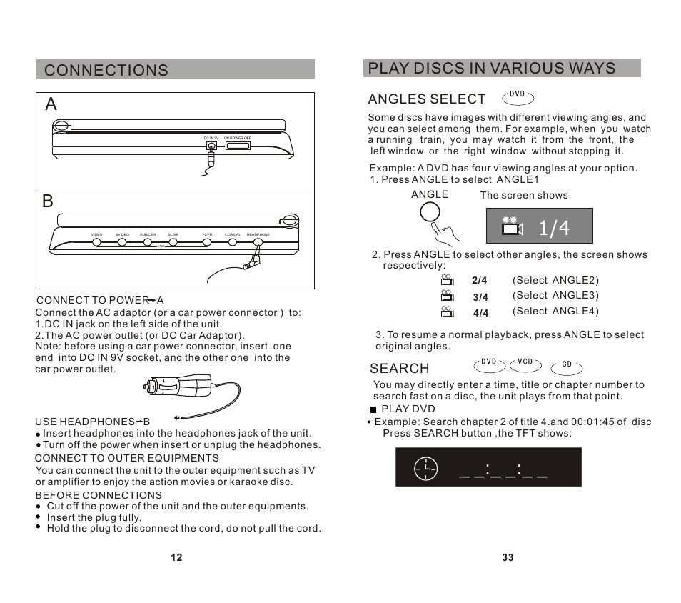 Play discs in various ways, Connections, Angles select | Search | SONIQ DVP720 User Manual | Page 13 / 23