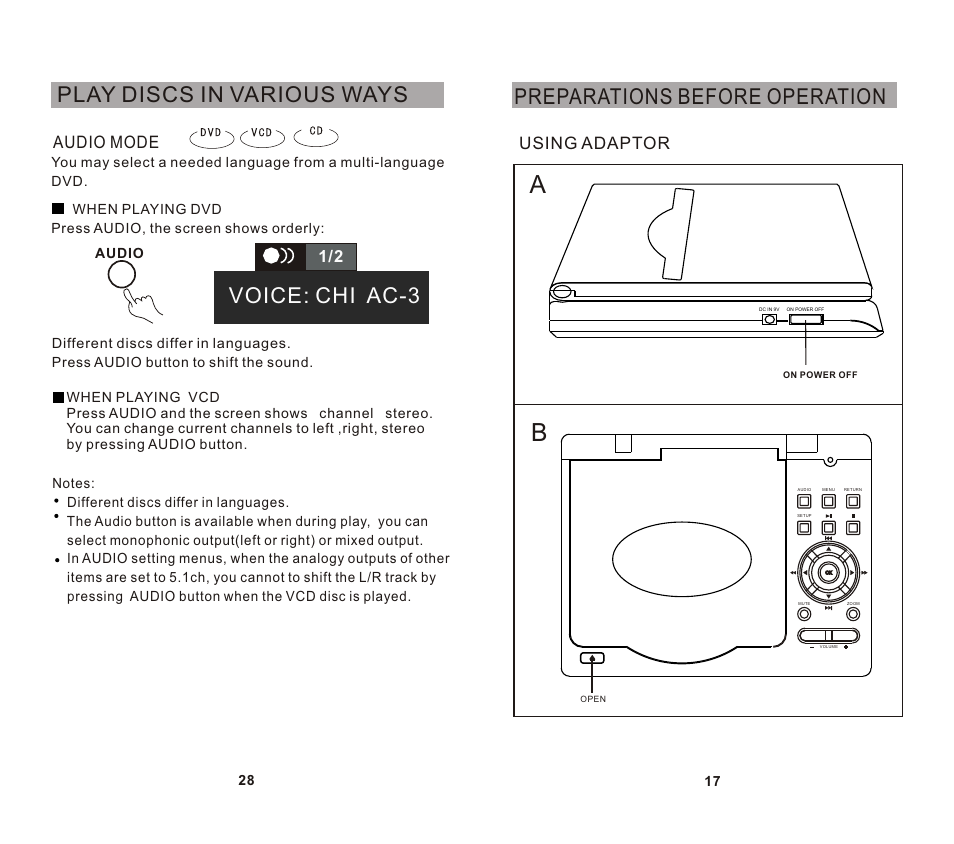 Preparations before operation, Play discs in various ways, Voice: chi ac-3 | Using adaptor, Audio mode | SONIQ DVP720 User Manual | Page 18 / 23