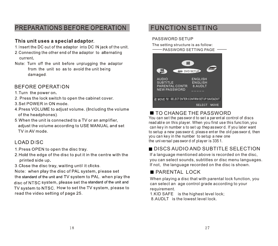 Function setting | SONIQ DVP720 User Manual | Page 19 / 23
