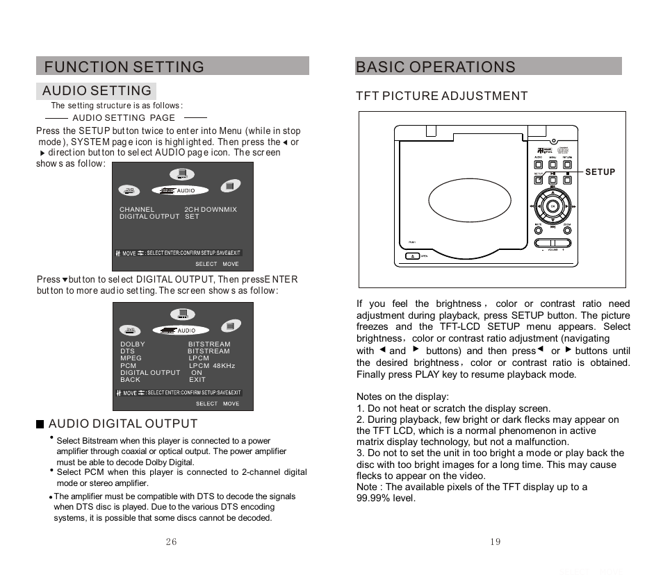 Function setting, Basic operations, Audio setting | Audio digital output, Tft picture adjustment | SONIQ DVP720 User Manual | Page 20 / 23