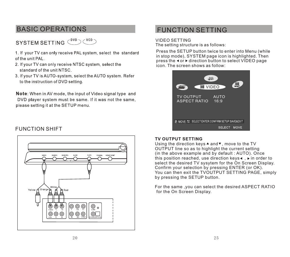 Basic operations, Function setting | SONIQ DVP720 User Manual | Page 21 / 23
