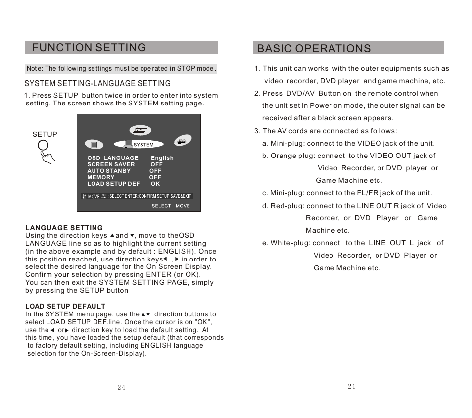 Basic operations, Function setting, System setting-language setting | SONIQ DVP720 User Manual | Page 22 / 23