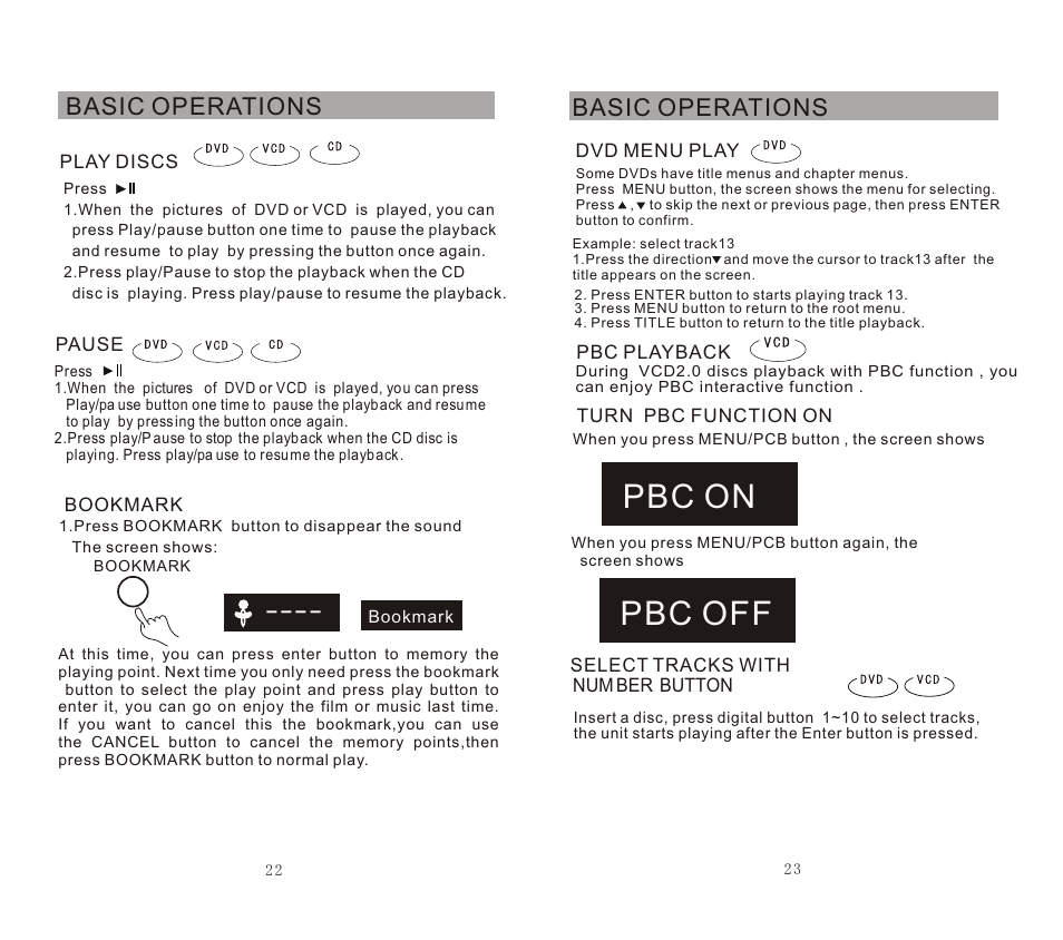 Pbc on pbc off, Basic operations | SONIQ DVP720 User Manual | Page 23 / 23