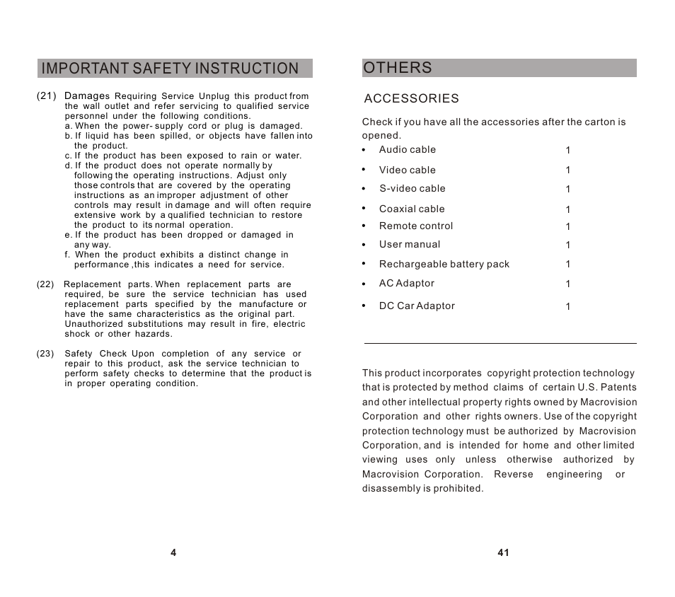 Important safety instruction, Others | SONIQ DVP720 User Manual | Page 5 / 23