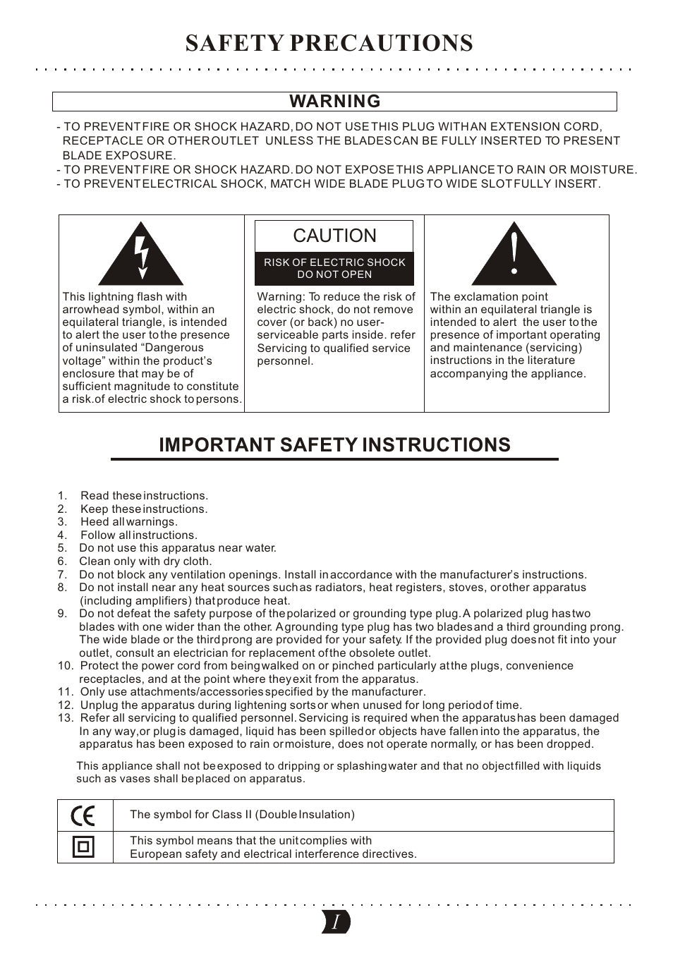 Safety precautions, Important safety instructions, Caution | Warning | SONIQ DVR150 User Manual | Page 2 / 54