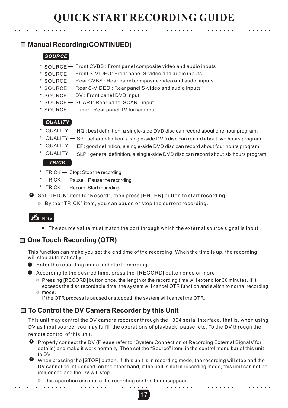 Quick start recording guide, Manual recording(continued), One touch recording (otr) | SONIQ DVR150 User Manual | Page 22 / 54