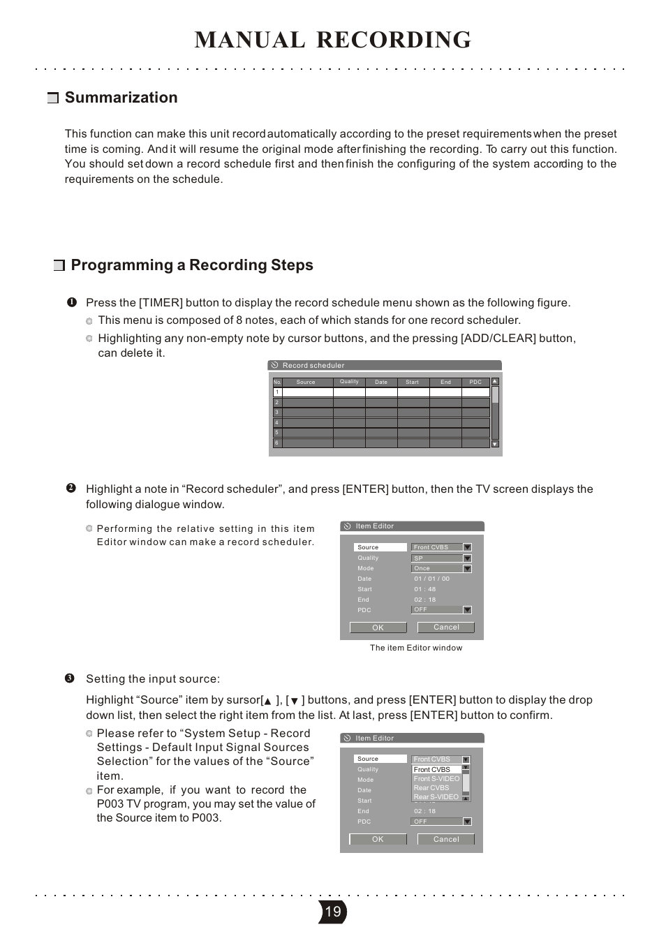Manual recording, Summarization, Programming a recording steps | SONIQ DVR150 User Manual | Page 24 / 54