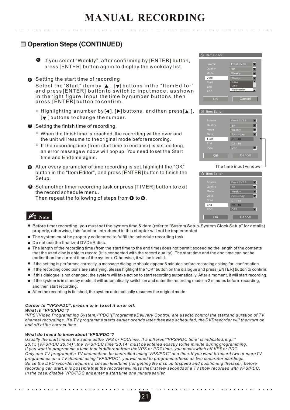 Manual recording, Operation steps (continued), Setting the finish time of recording | SONIQ DVR150 User Manual | Page 26 / 54