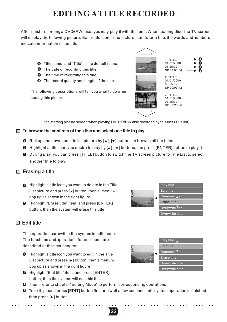Editing a title recorded, Erasing a title edit title | SONIQ DVR150 User Manual | Page 27 / 54