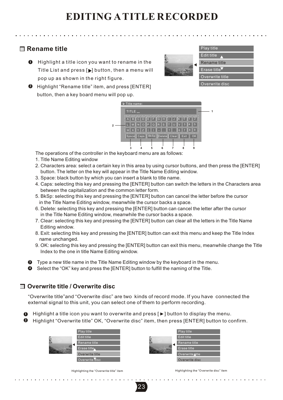Editing a title recorded, Rename title, Overwrite title / overwrite disc | SONIQ DVR150 User Manual | Page 28 / 54