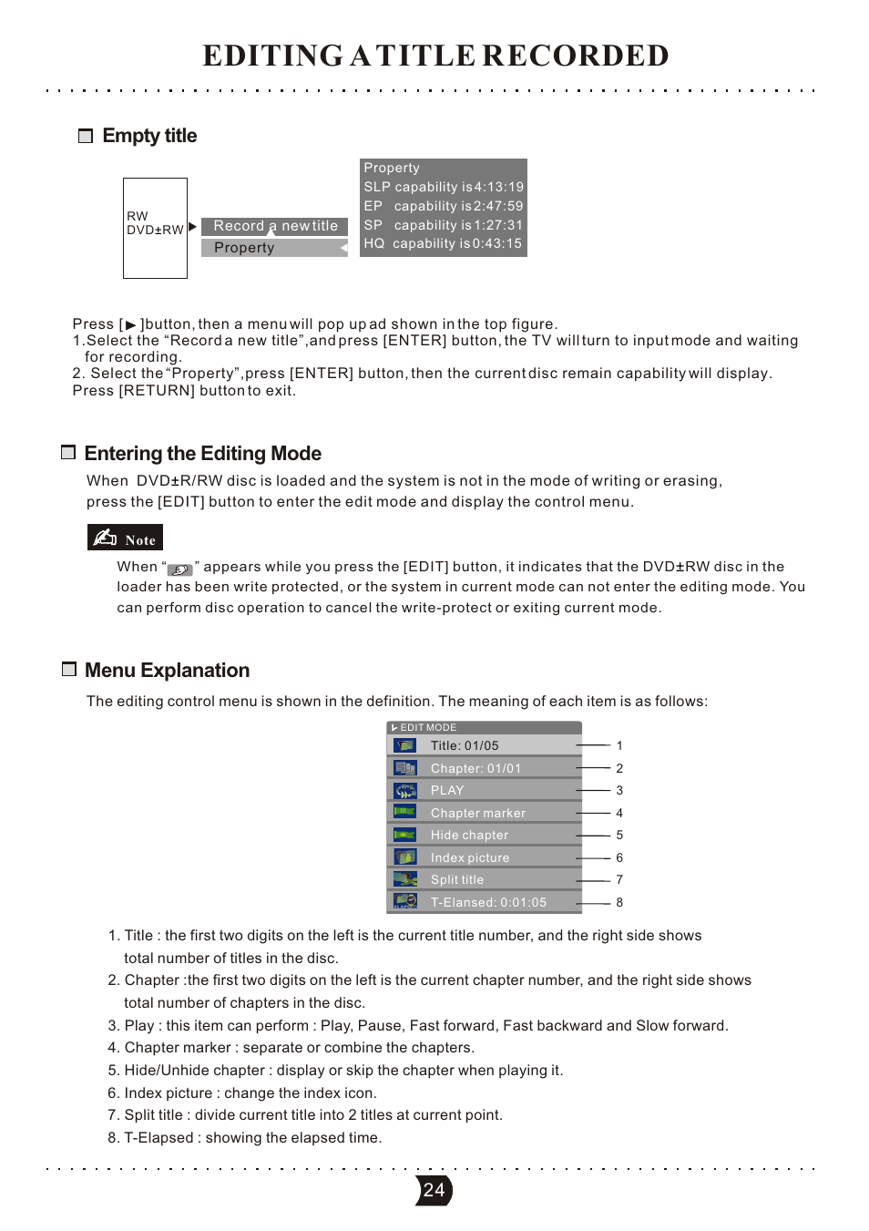 Editing a title recorded, Menu explanation, Entering the editing mode | Empty title | SONIQ DVR150 User Manual | Page 29 / 54