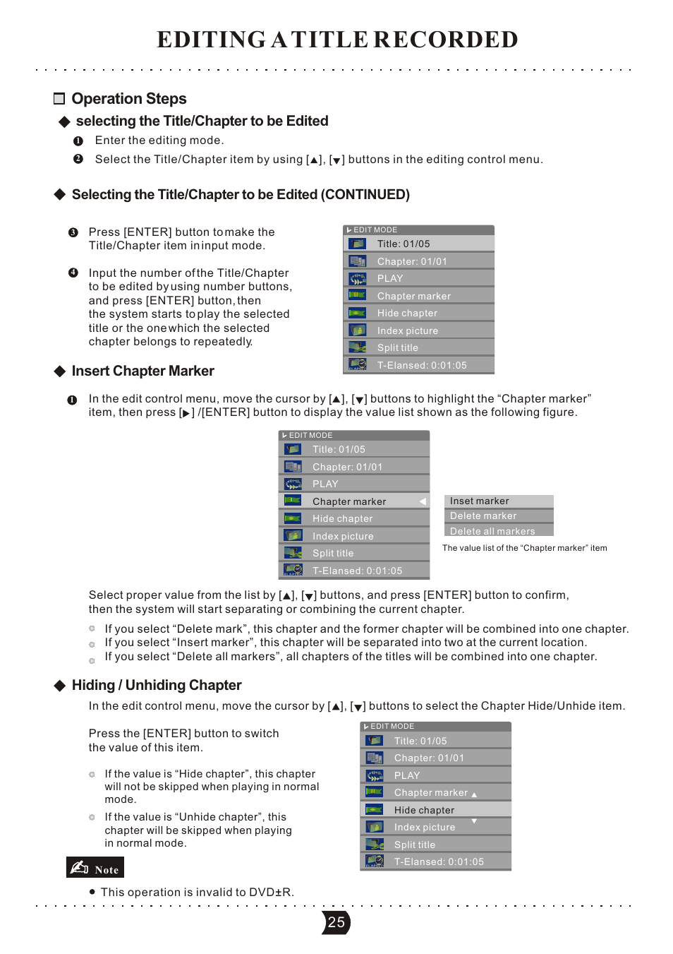 Editing a title recorded, Operation steps, Insert chapter marker | Hiding / unhiding chapter, Selecting the title/chapter to be edited | SONIQ DVR150 User Manual | Page 30 / 54