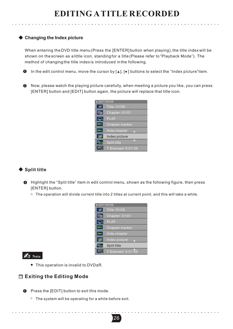 Editing a title recorded, Exiting the editing mode | SONIQ DVR150 User Manual | Page 31 / 54