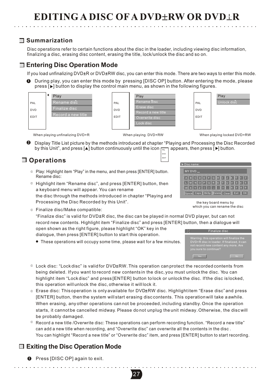 Entering disc operation mode, Operations, Exiting the disc operation mode | Summarization, Press [disc op] again to exit | SONIQ DVR150 User Manual | Page 32 / 54