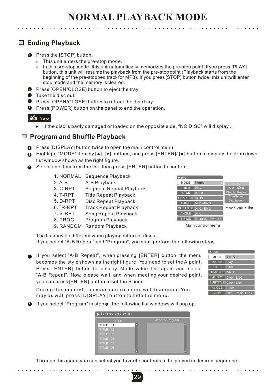 Normal playback mode, Ending playback, Program and shuffle playback | SONIQ DVR150 User Manual | Page 34 / 54