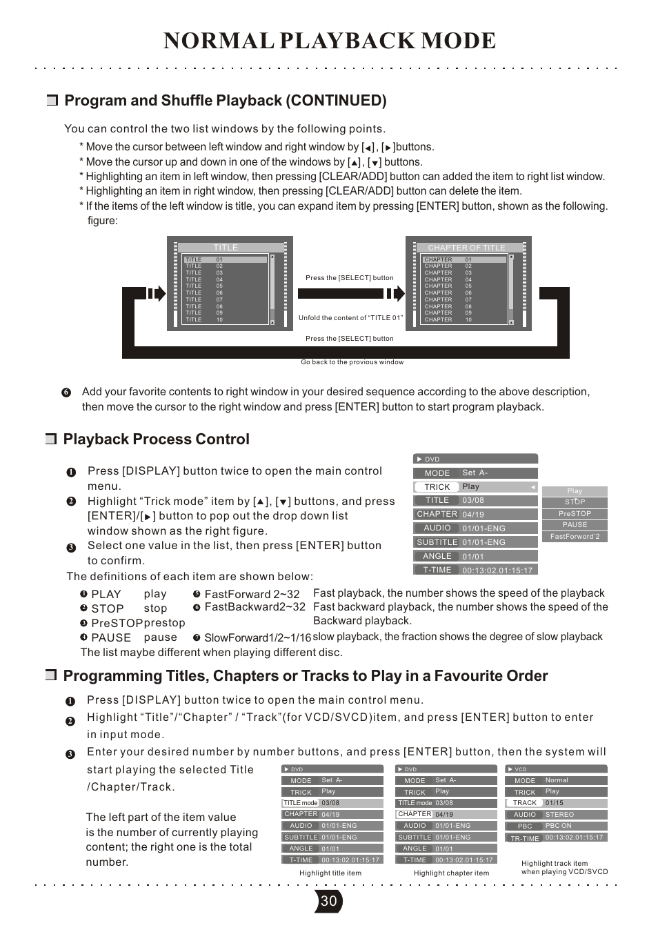Normal playback mode, Program and shuffle playback (continued), Playback process control | The definitions of each item are shown below | SONIQ DVR150 User Manual | Page 35 / 54