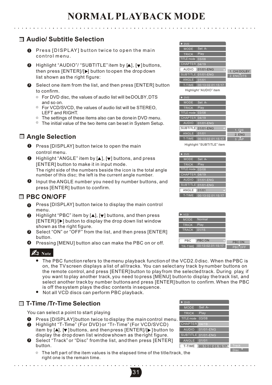 Normal playback mode, Audio/ subtitle selection, Angle selection | Pbc on/off, T-time /tr-time selection | SONIQ DVR150 User Manual | Page 36 / 54