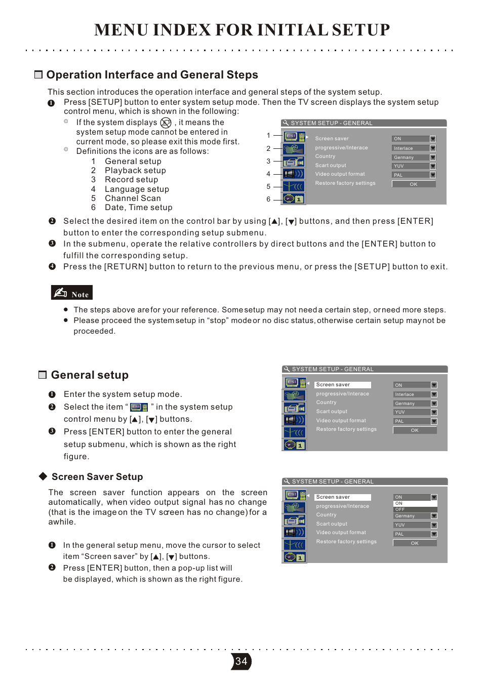 Menu index for initial setup, Operation interface and general steps, General setup | Screen saver setup | SONIQ DVR150 User Manual | Page 39 / 54