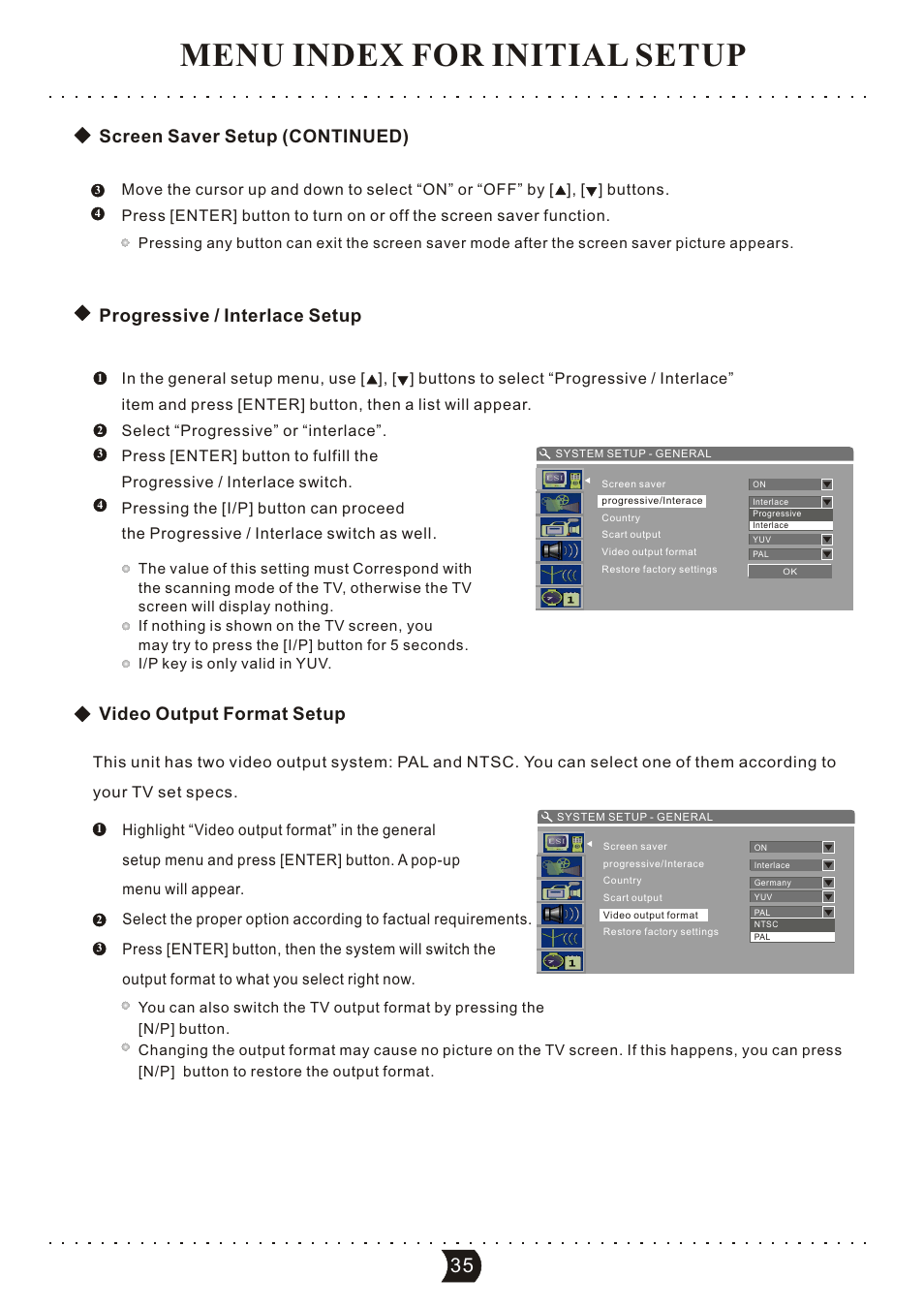Menu index for initial setup, Video output format setup, Progressive / interlace setup | Screen saver setup (continued) | SONIQ DVR150 User Manual | Page 40 / 54