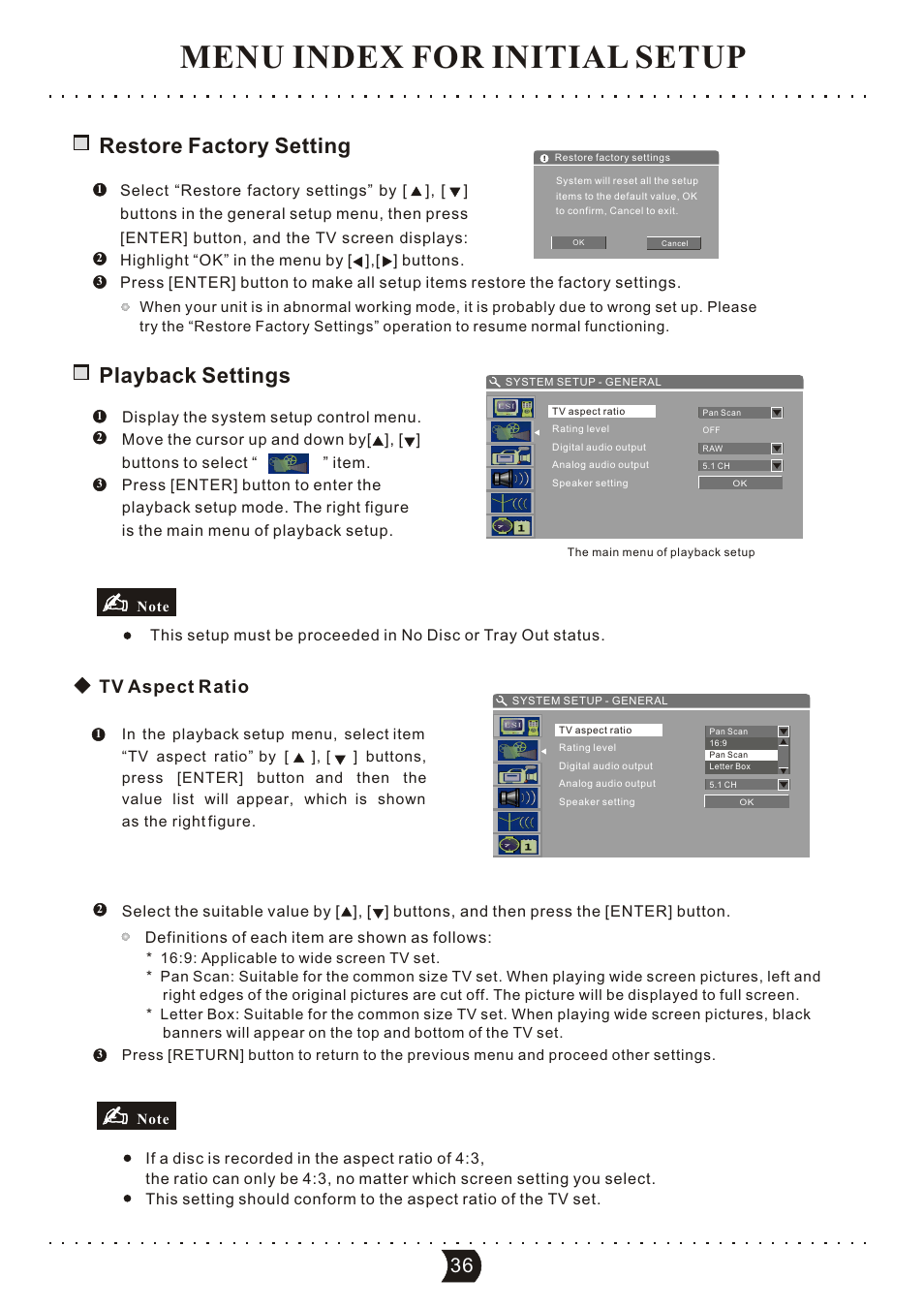 Menu index for initial setup, Playback settings, Restore factory setting | Tv aspect r atio | SONIQ DVR150 User Manual | Page 41 / 54