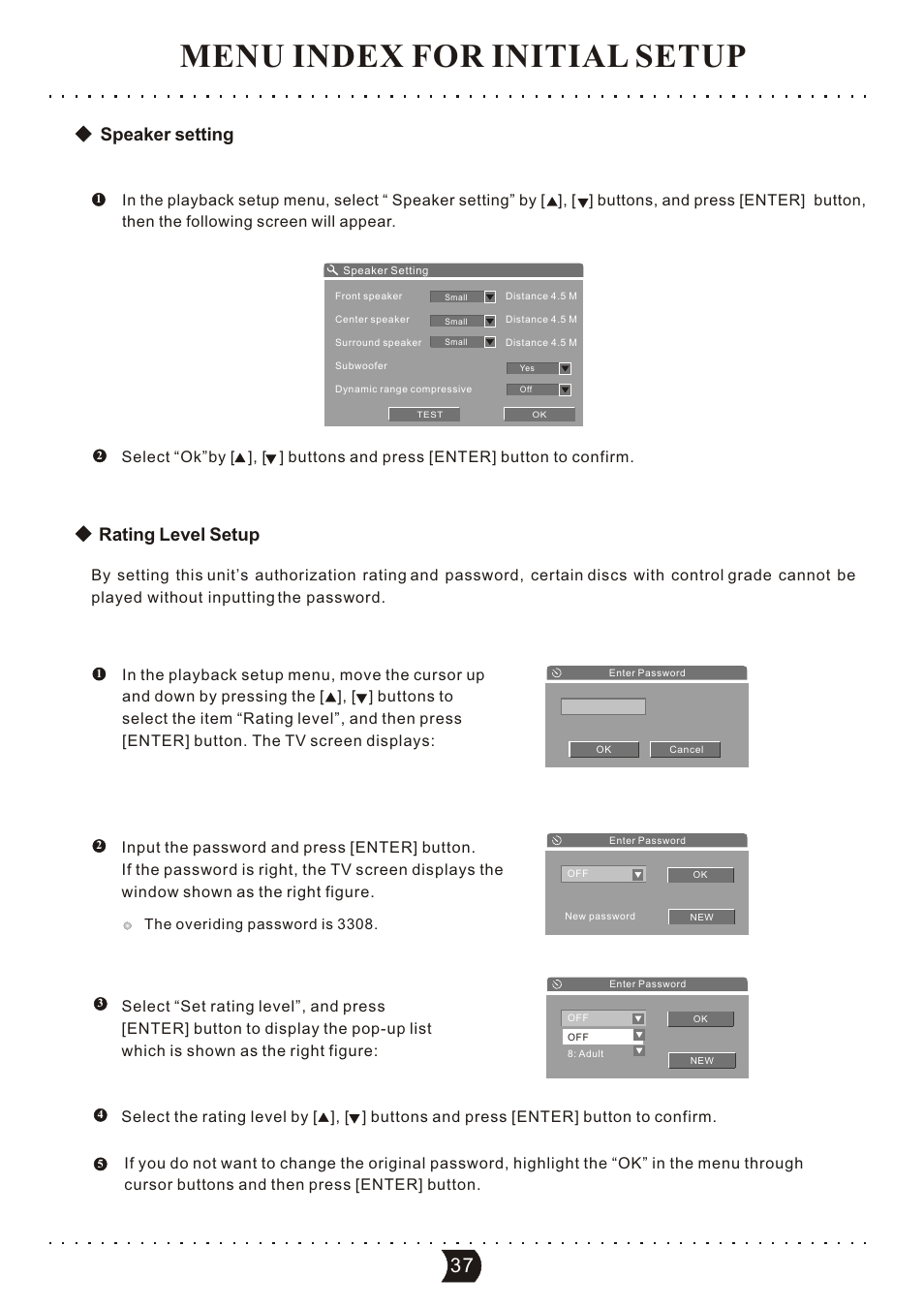 Menu index for initial setup, Speaker setting, Rating level setup | SONIQ DVR150 User Manual | Page 42 / 54