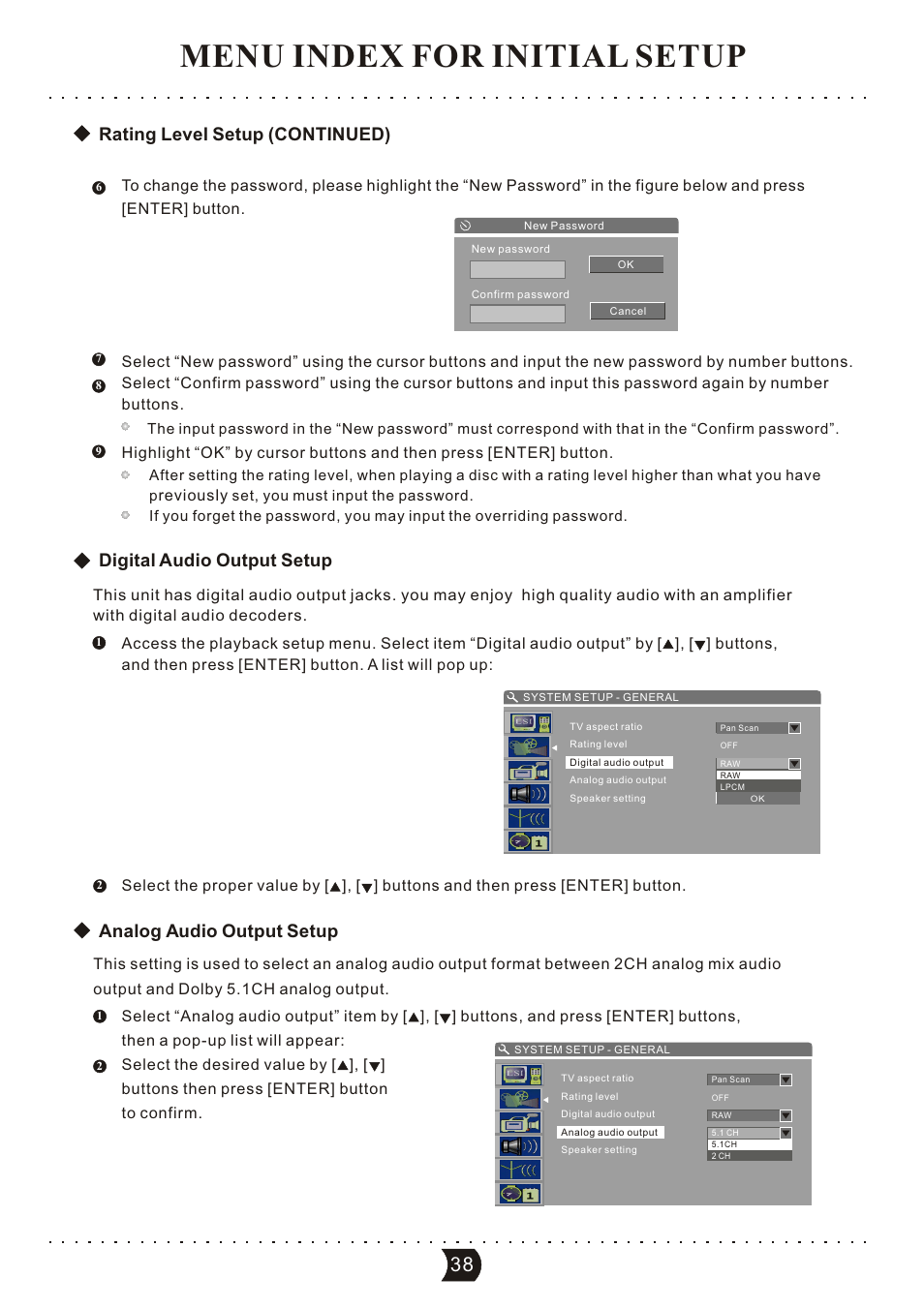 Menu index for initial setup, Rating level setup (continued), Digital audio output setup | Analog audio output setup | SONIQ DVR150 User Manual | Page 43 / 54