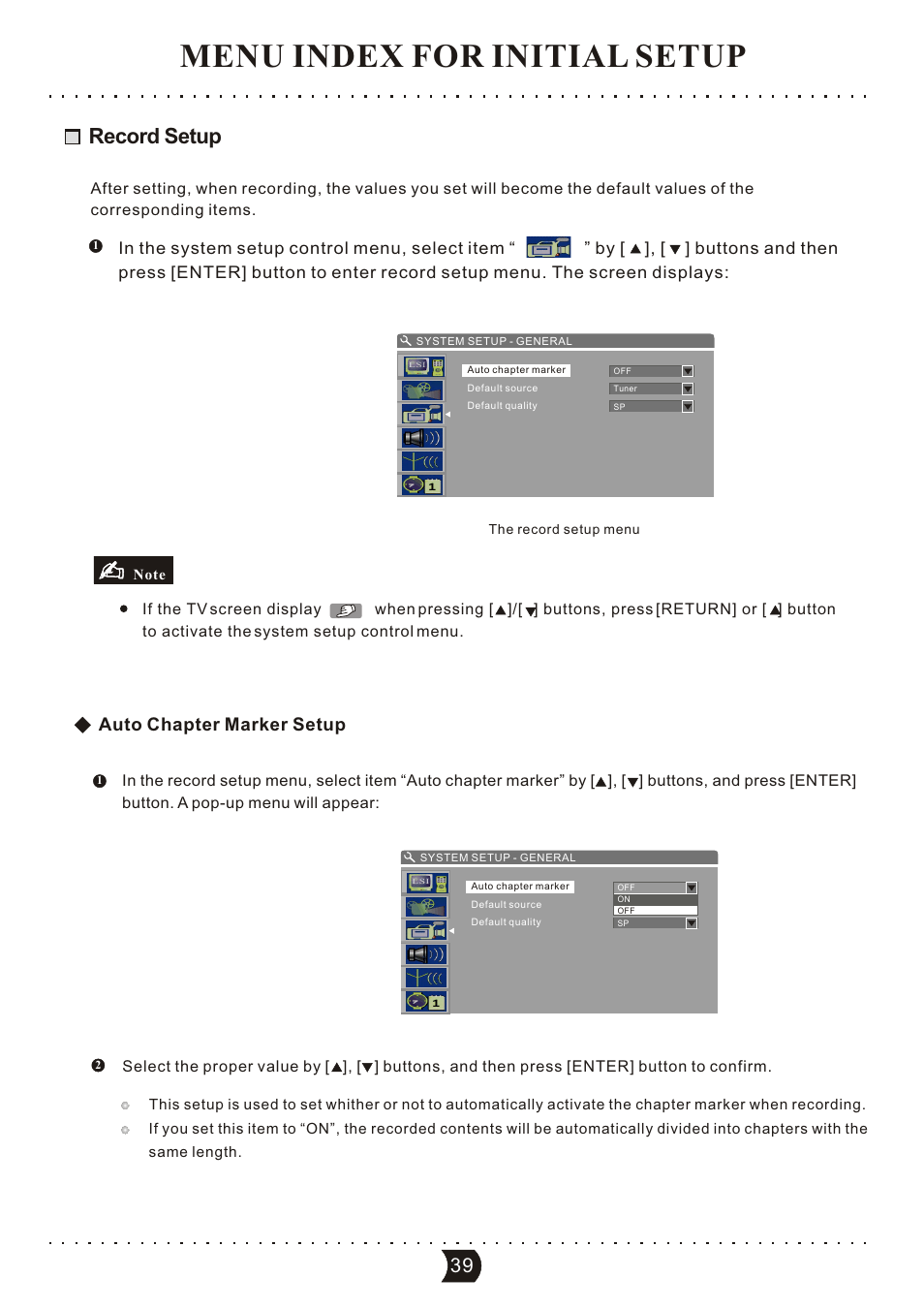 Menu index for initial setup, Record setup, Auto chapter marker setup | SONIQ DVR150 User Manual | Page 44 / 54