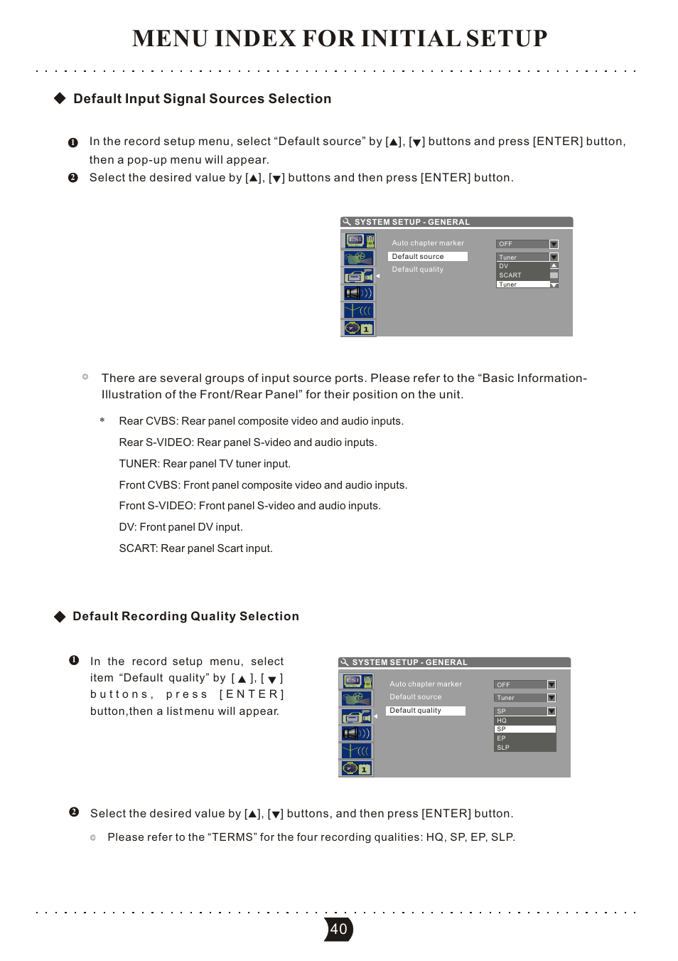 Menu index for initial setup, Default input signal sources selection, Default recording quality selection | SONIQ DVR150 User Manual | Page 45 / 54