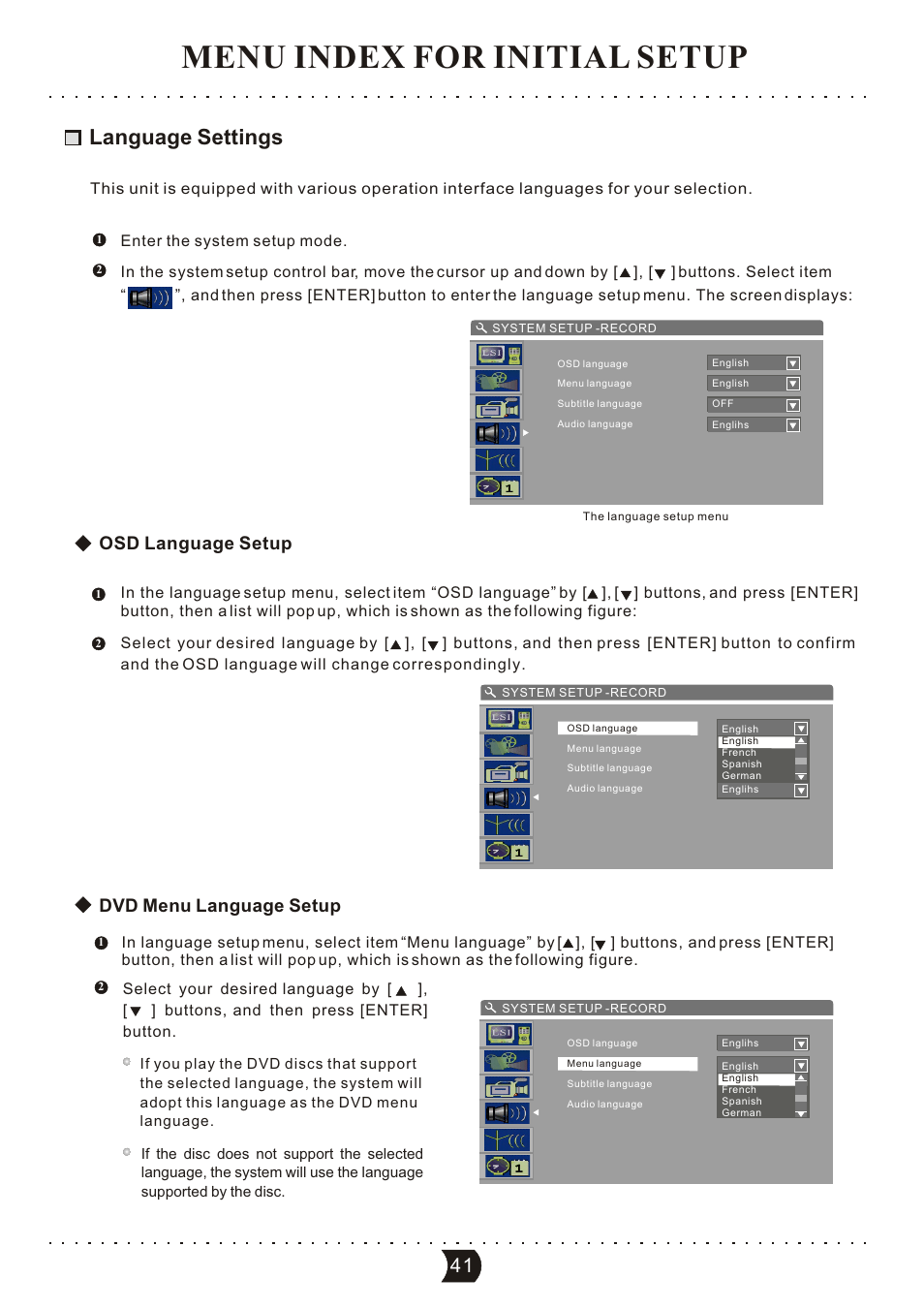 Menu index for initial setup, Language settings, Osd language setup | Dvd menu language setup | SONIQ DVR150 User Manual | Page 46 / 54