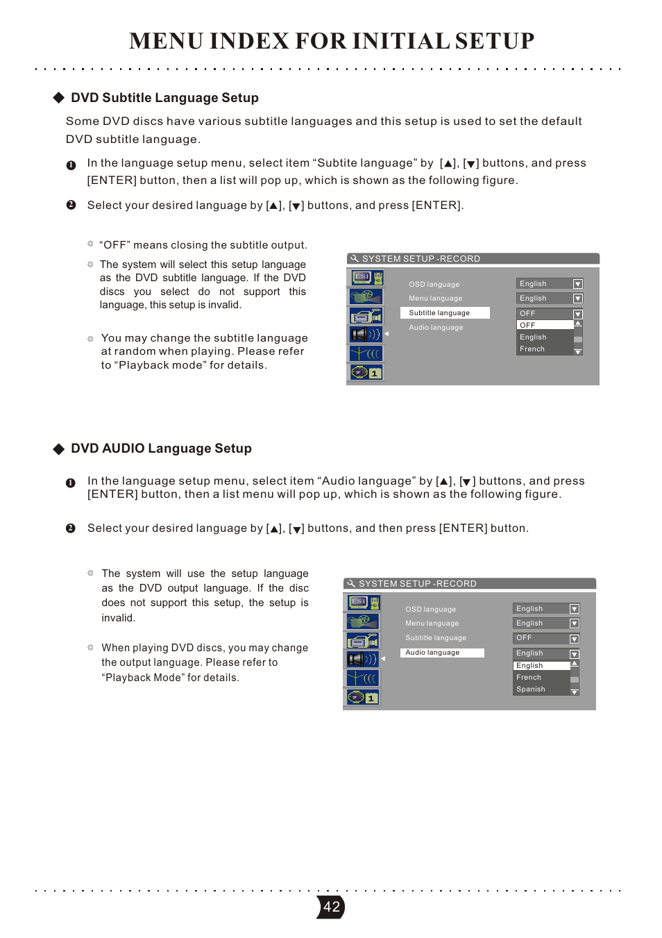 Menu index for initial setup, Dvd subtitle language setup, Dvd audio language setup | SONIQ DVR150 User Manual | Page 47 / 54