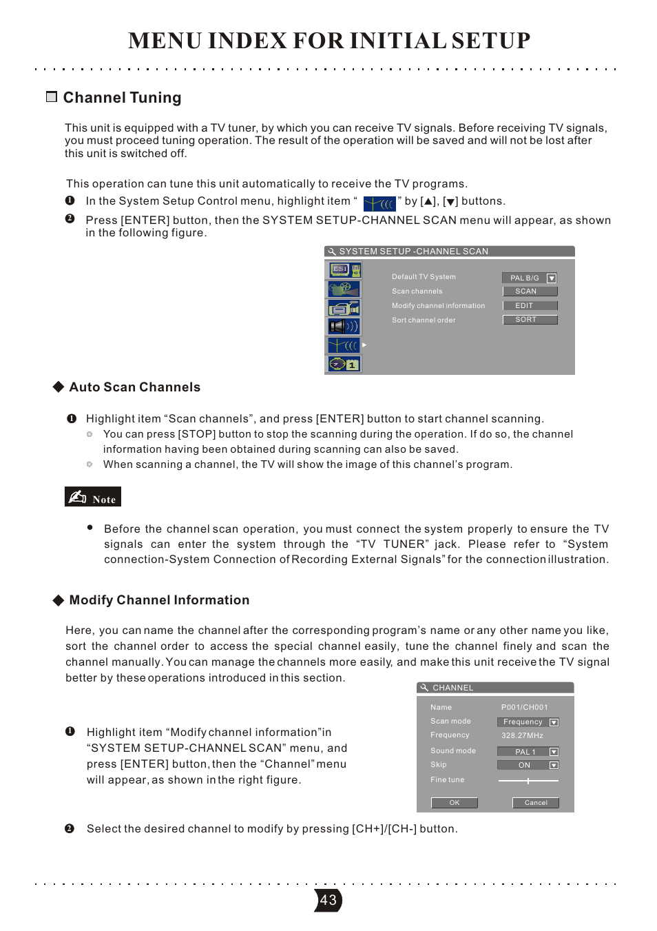 Menu index for initial setup, Channel tuning, Auto scan channels modify channel information | SONIQ DVR150 User Manual | Page 48 / 54