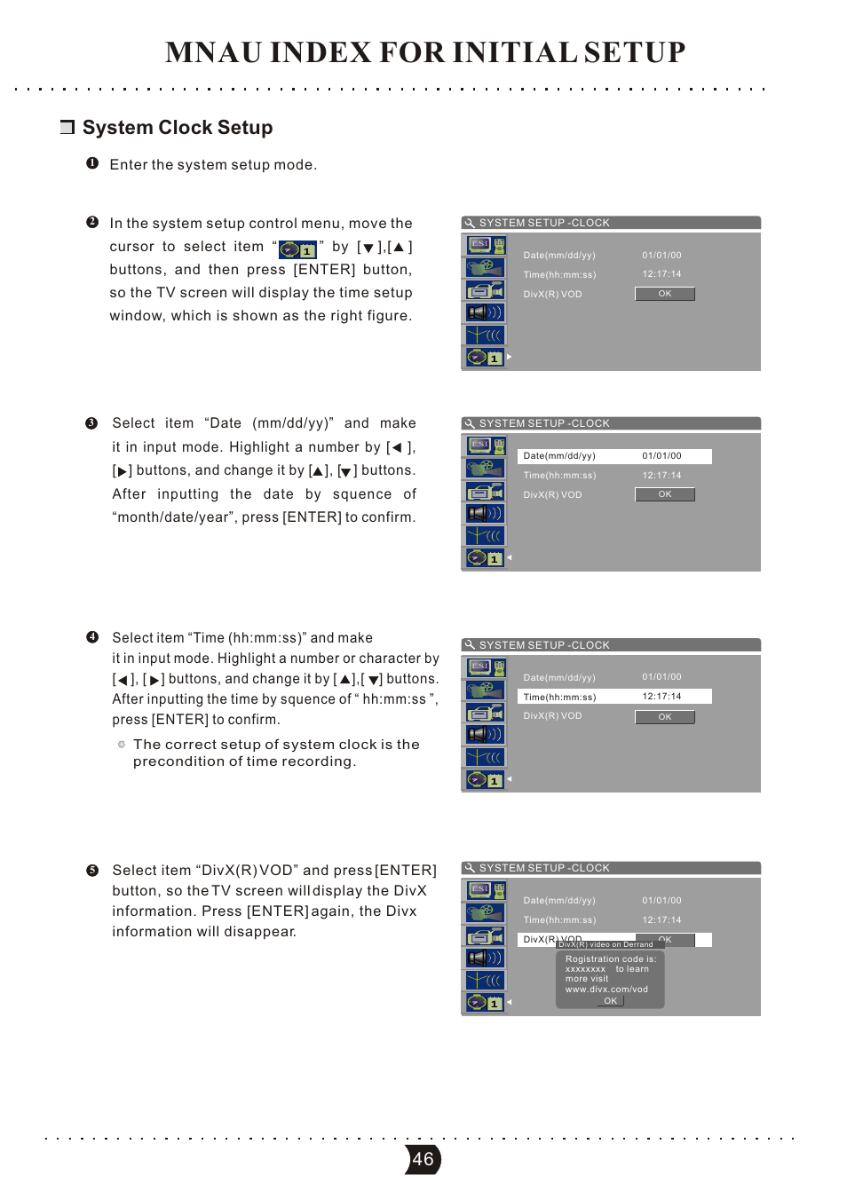 Mnau index for initial setup, System clock setup | SONIQ DVR150 User Manual | Page 51 / 54