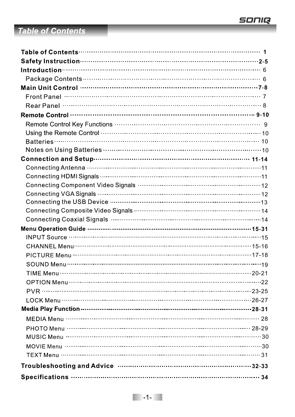 页面 3 | SONIQ E16Z11B User Manual | Page 3 / 37