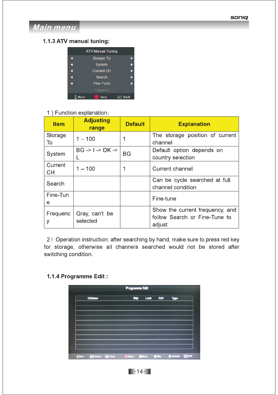 页 14, Main menu | SONIQ E19Z10A User Manual | Page 14 / 58